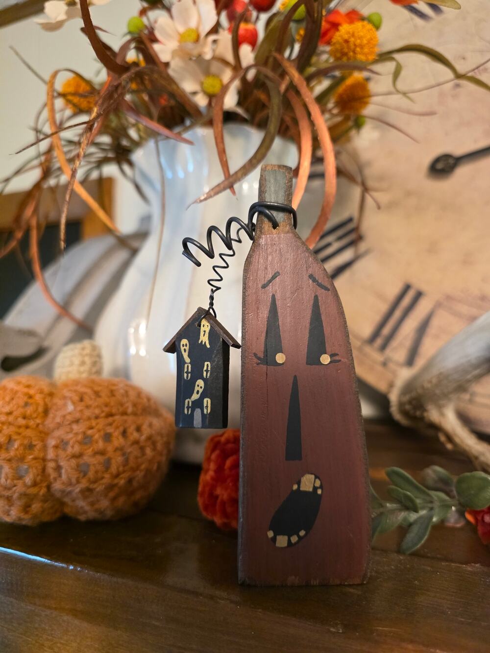 Rustic Folk Art Jack-O-Lantern Shelf Sitter Homemade Wooden Halloween Wooden 6"